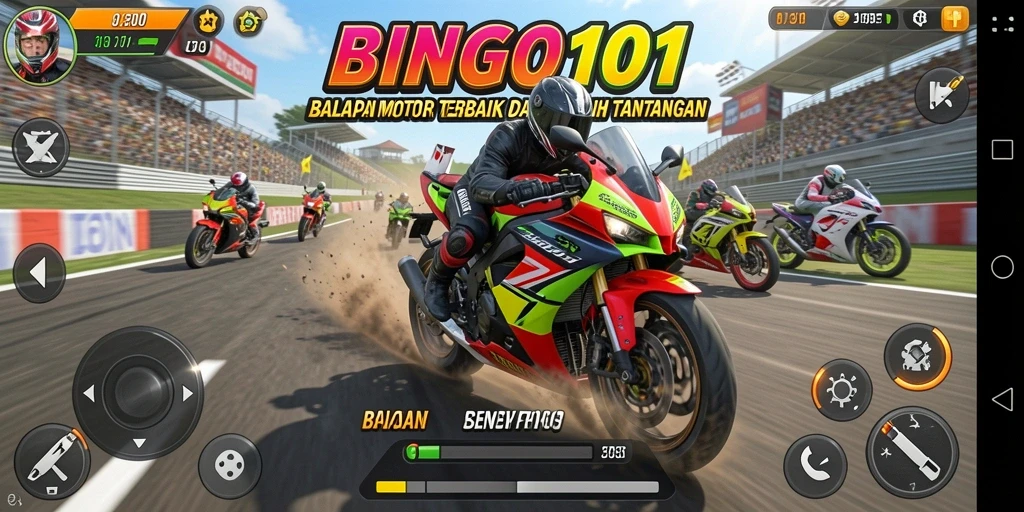 Gameplay seru dalam balapan motor BINGO101 dengan aksi mendebarkan.