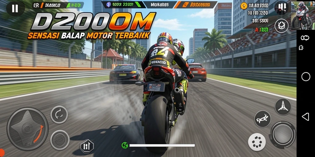 Tangkapan layar utama D200M dengan aksi balap motor yang menegangkan.