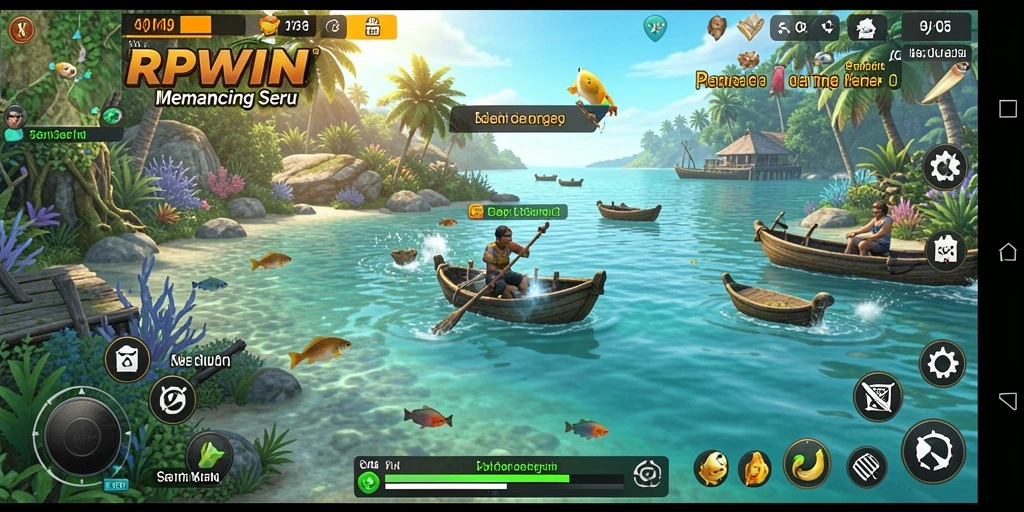 Tampilan gameplay RPWIN dengan berbagai aktivitas memancing yang seru.