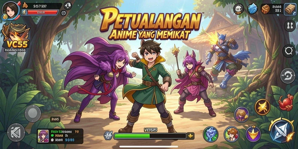 Tangkapan layar gameplay VC55 yang menampilkan karakter anime dalam aksi.